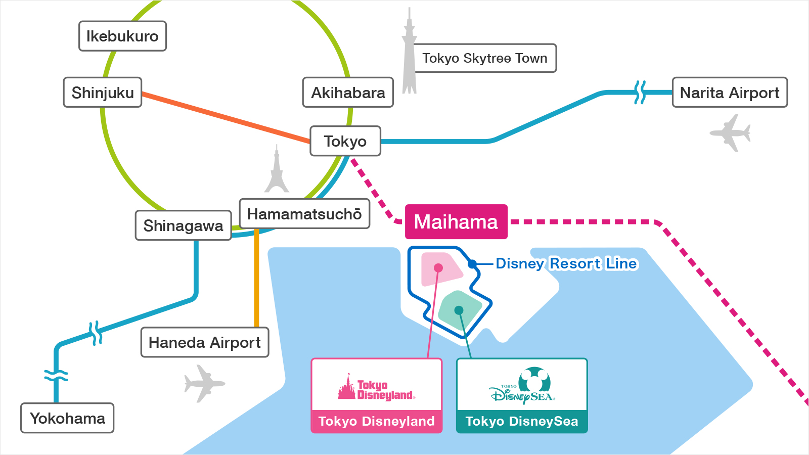 東京地域でのパークの位置が分かる地図のイメージ