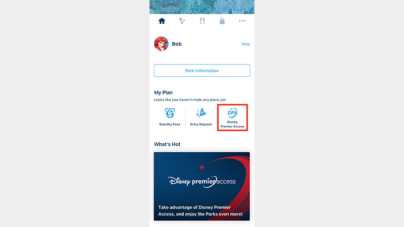 於東京迪士尼度假區官方 App（英文版）點選「My Plan」（行程）的「Disney Premier Access」（迪士尼尊享卡）。